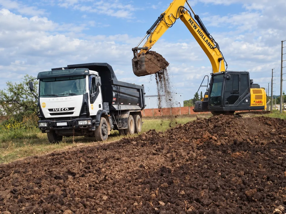 Excavadora sobre orugas New Holland cargando un camión Iveco